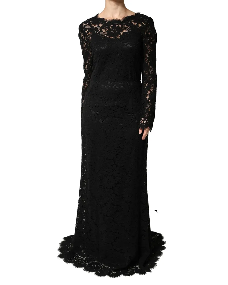 Dolce & Gabbana Women's Black Lace Long Sleeves Cotton Maxi Dress Nylon Viscose Black