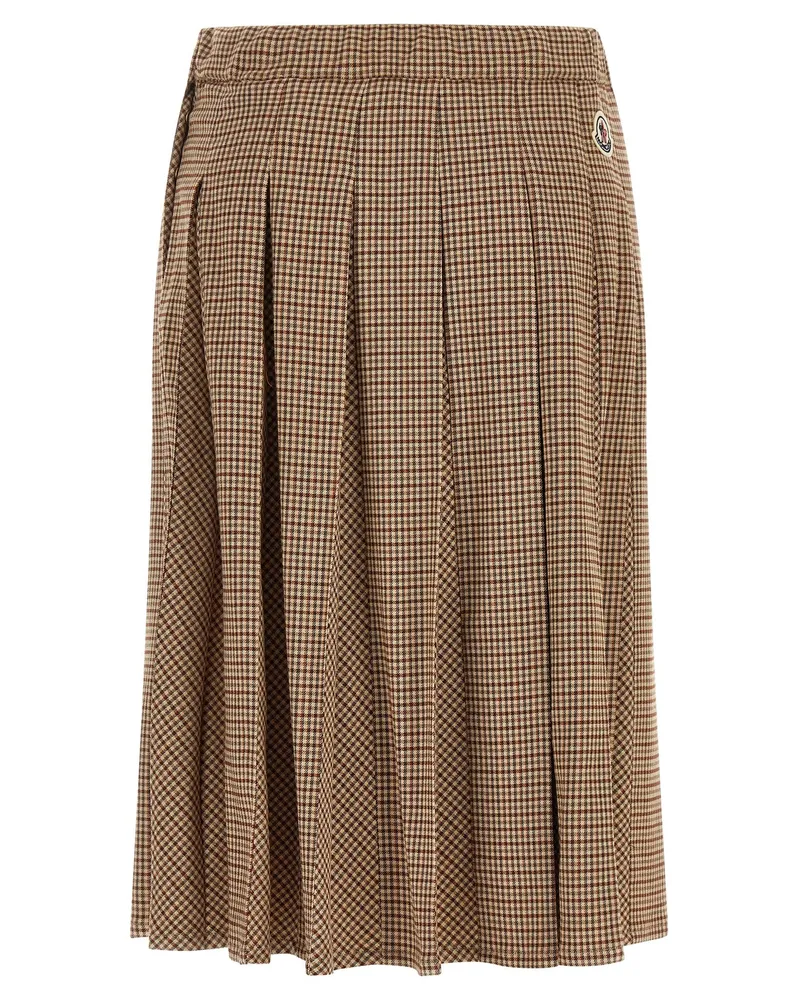 Moncler Pleated Check Wool Blend Skirt — Beige Beige