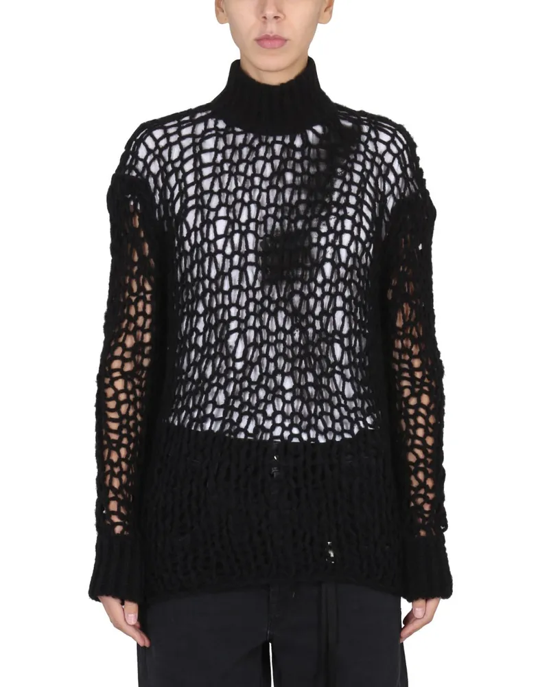 Ann Demeulemeester Virgin Wool & Polyamide High Neck Sweater — Black Black