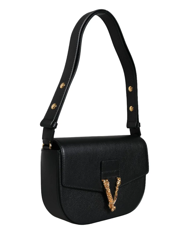 Versace Women's Black Grainy Calf Leather Logo Crossbody Shoulder Bag Black