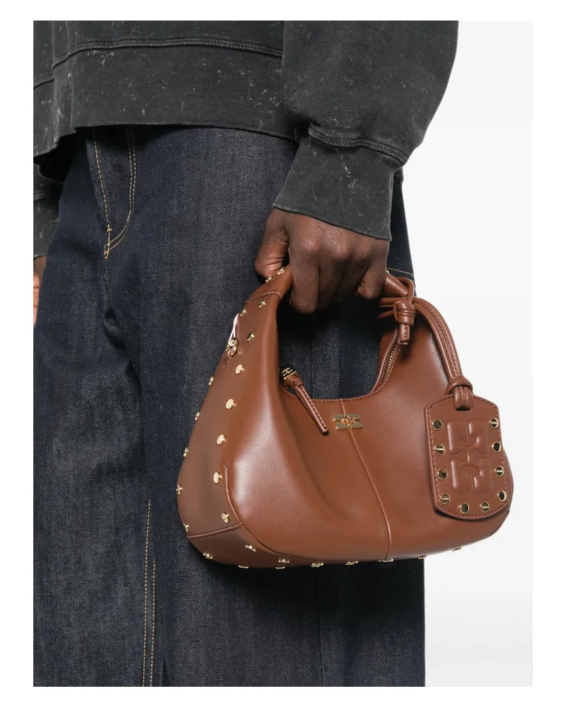 Ganni Knotted-Handle Studded Shoulder Bag — Brown Brown
