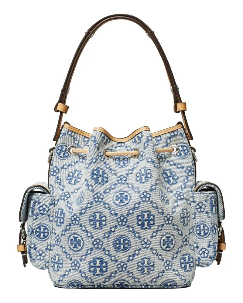 Tory Burch Women's Bucket Bag T-Monogram Denim Blue Cotton Shoulder Blue