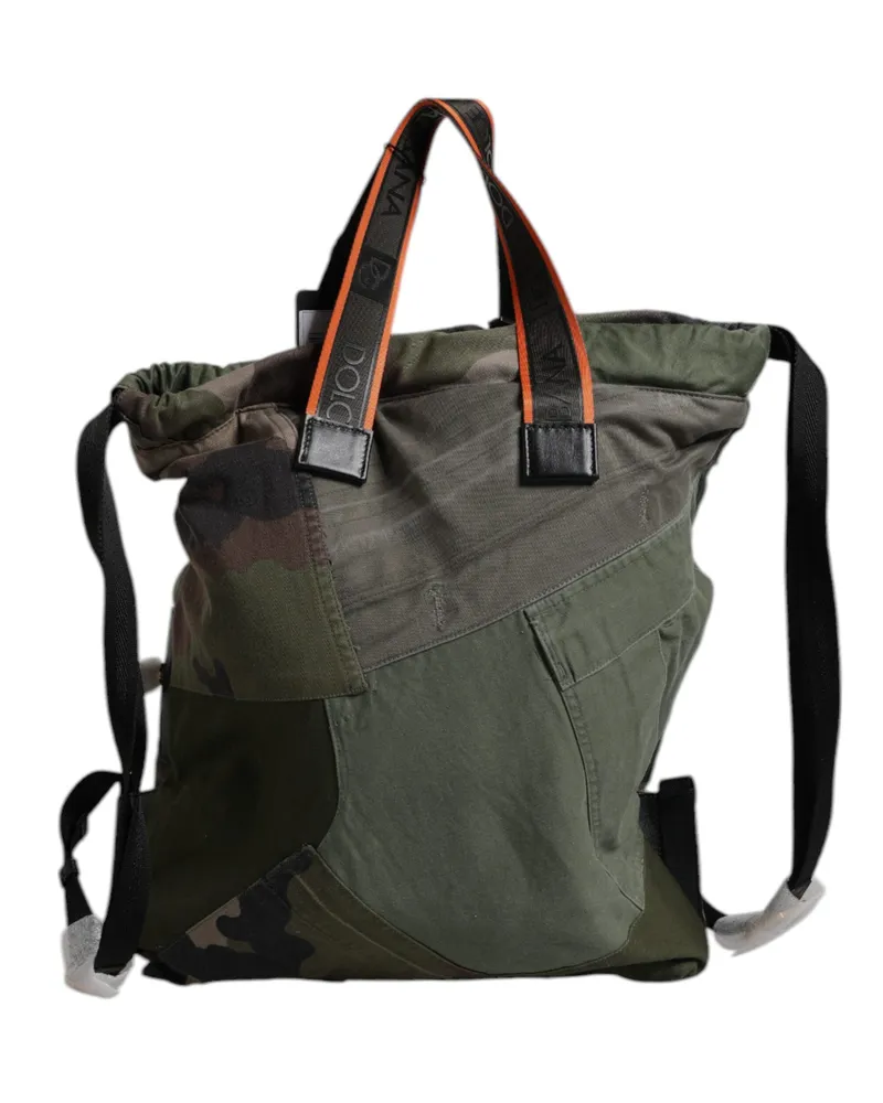 Dolce & Gabbana Men's Military Green Patchwork Rucksack Backpack Bag Cotton Calf Leather Nylon Green