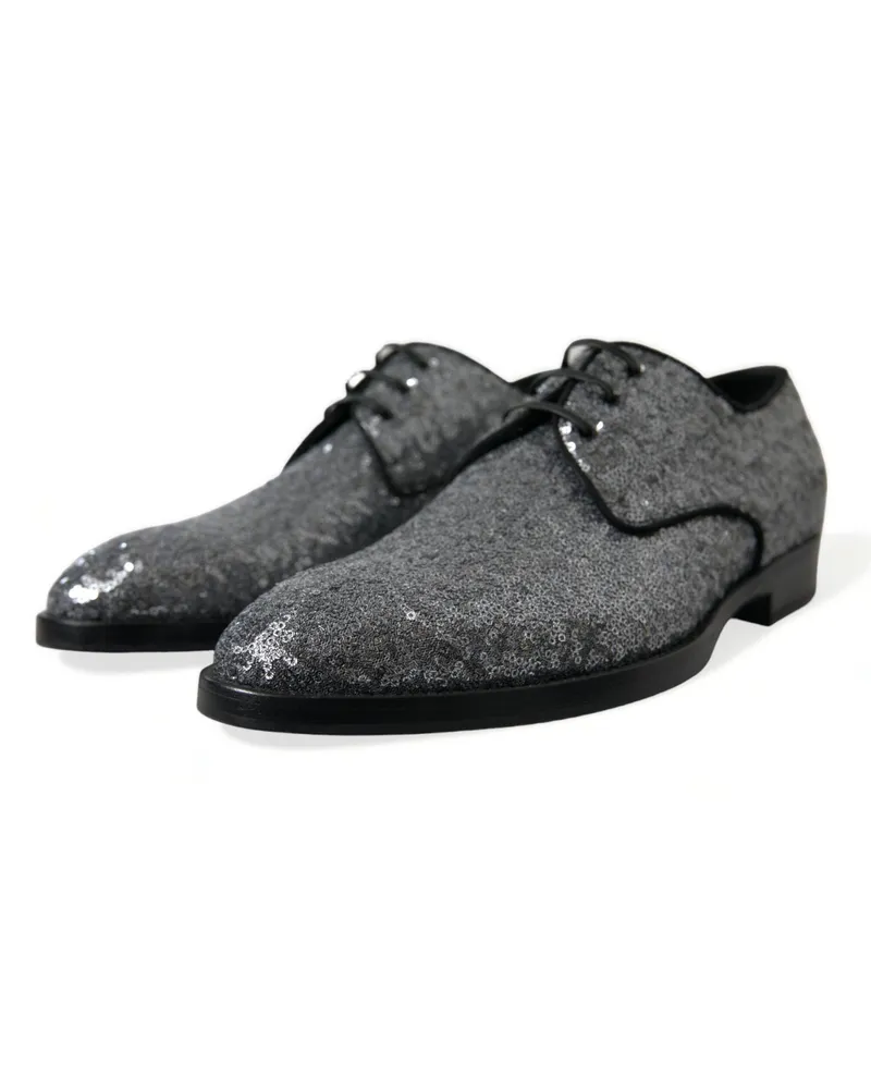 Dolce & Gabbana Silver Sequined Lace Up Men Derby Dress Shoes Black | Leather Silver