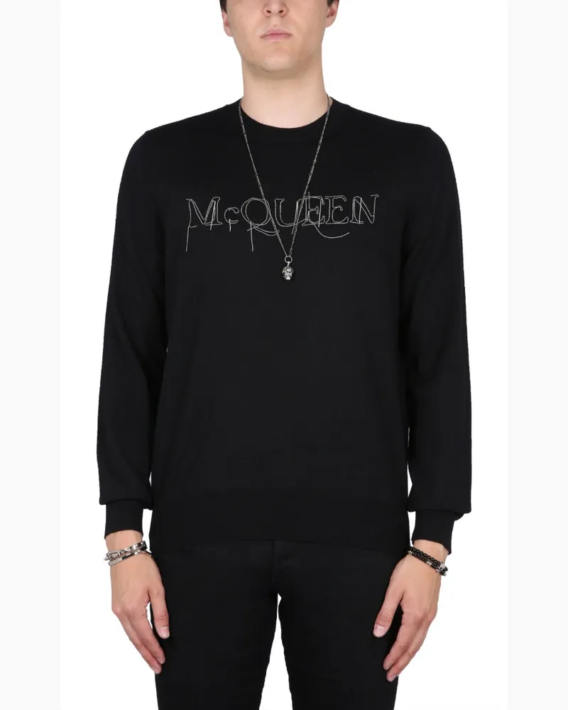 Alexander McQueen Logo-Embroidered Wool Sweater — Black Black