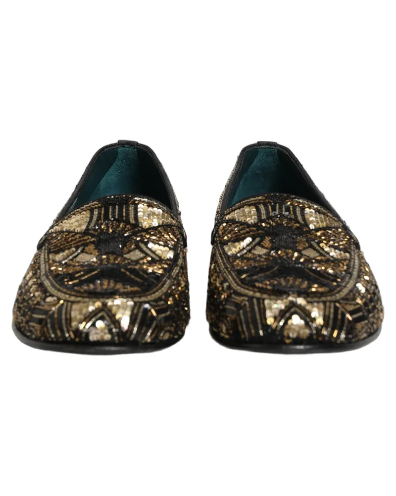 Dolce & Gabbana Men's Black Gold Embellished Slip On Loafers Shoes Leather Black