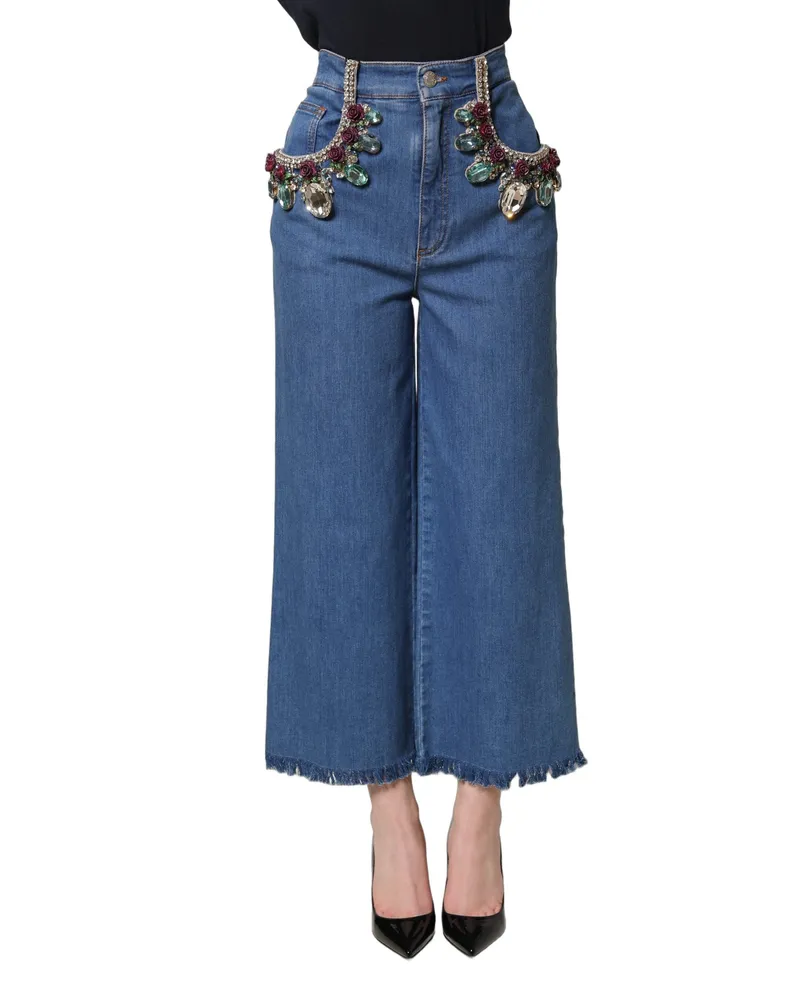 Dolce & Gabbana Women's Blue Embellished Wide Cropped Denim Jeans Cotton Elastane Clothing Blue