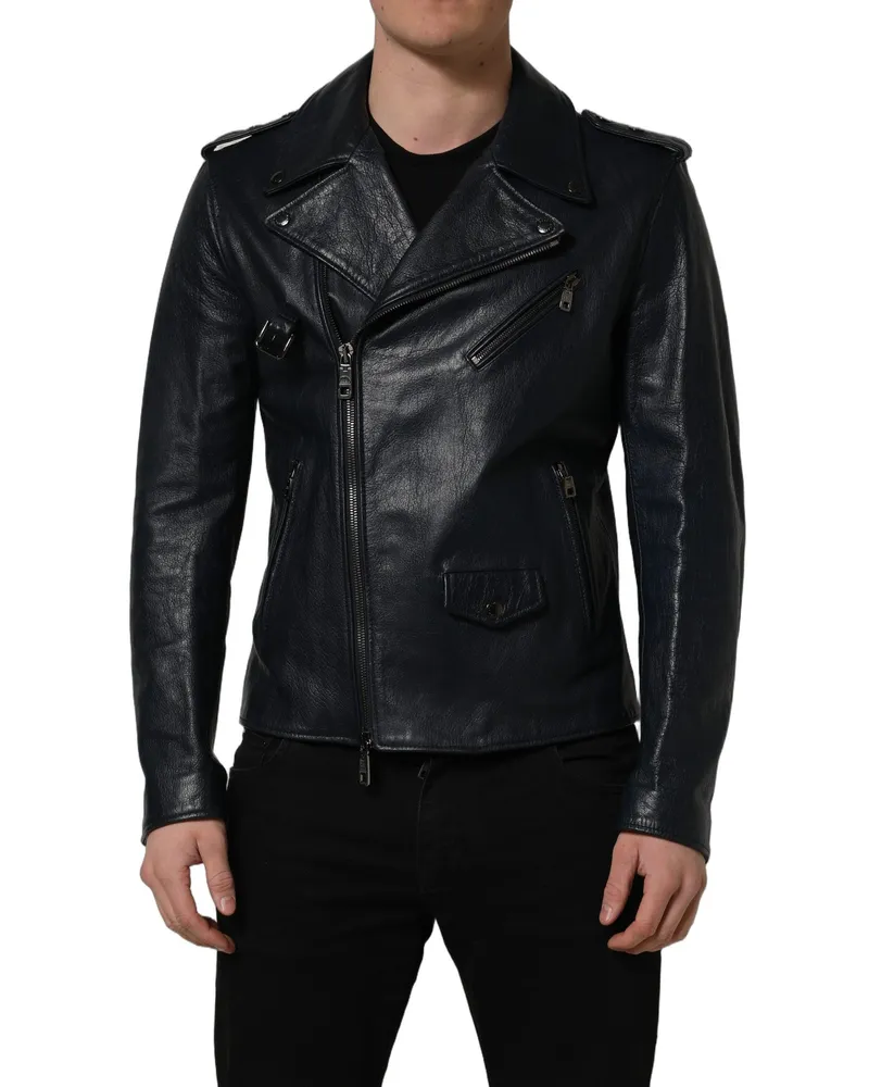 Dolce & Gabbana Black Leather Men Biker Coat Goatskin Jacket Clothing Black