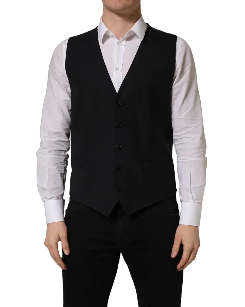 Dolce & Gabbana Men's Black Wool Single Breasted Waistcoat Vest Virgin Elastane Clothing Black