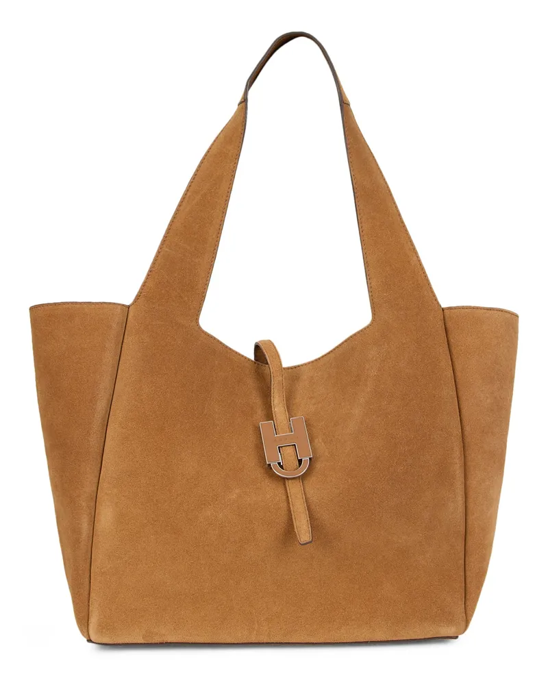 Hogan Women's Shopper Bag Light Brown Suede Calf Skin Tote Brown