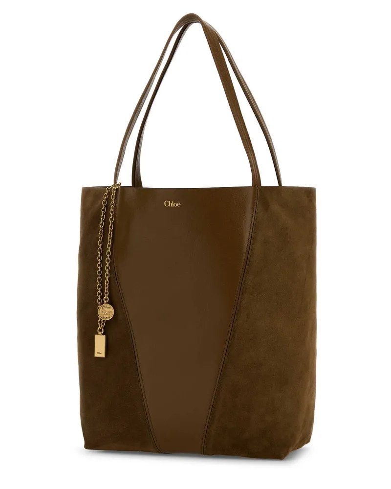 Chloé Women's Brown Leather And Suede Chloã¨ Spin Shopping Bag Darkkhaki Borse A Mano Brown