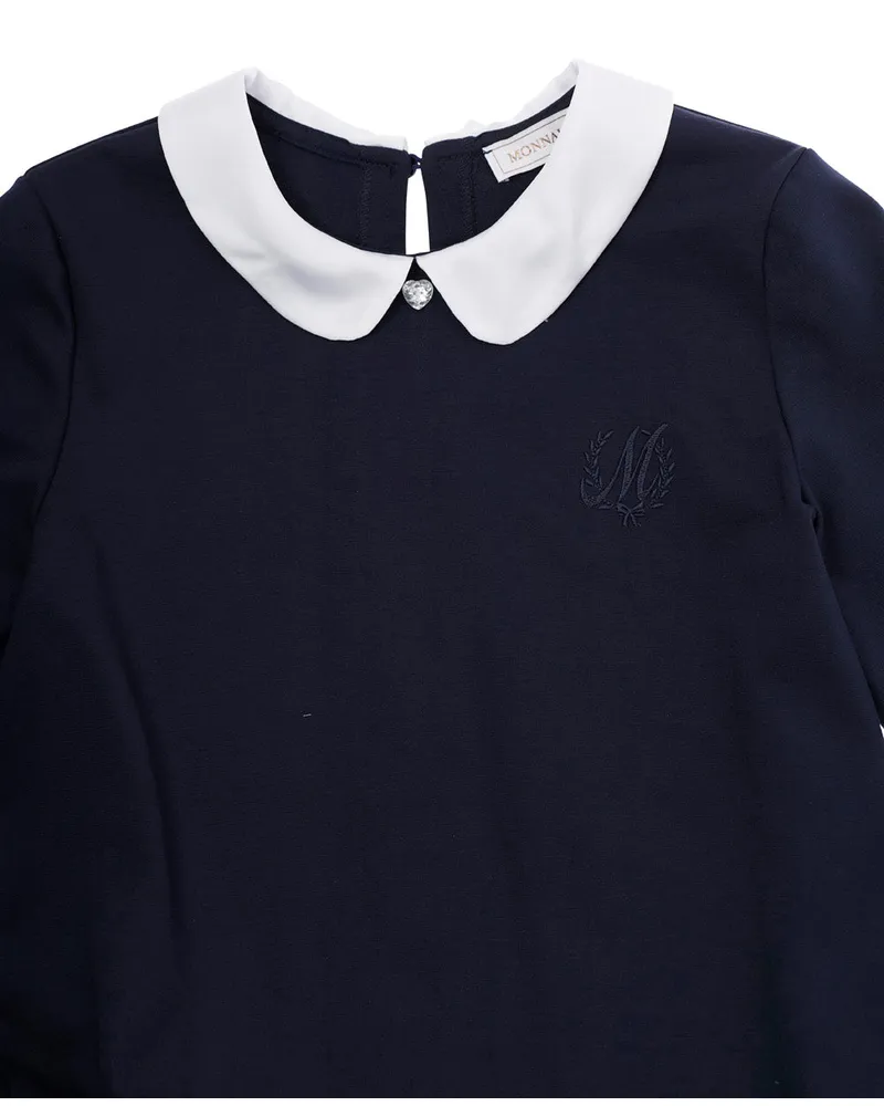 Monnalisa Girls' Blue Dress With Hidden Back Closure Cotton Navy