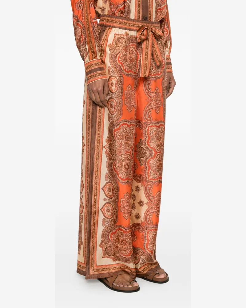 Zimmermann Paisley-Print Silk Trousers — Orange Orange