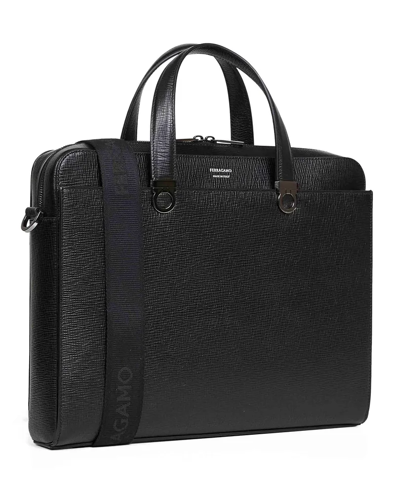 Ferragamo Men's Briefcase Gancini Black Calf Leather Handbags Hand Bags Black