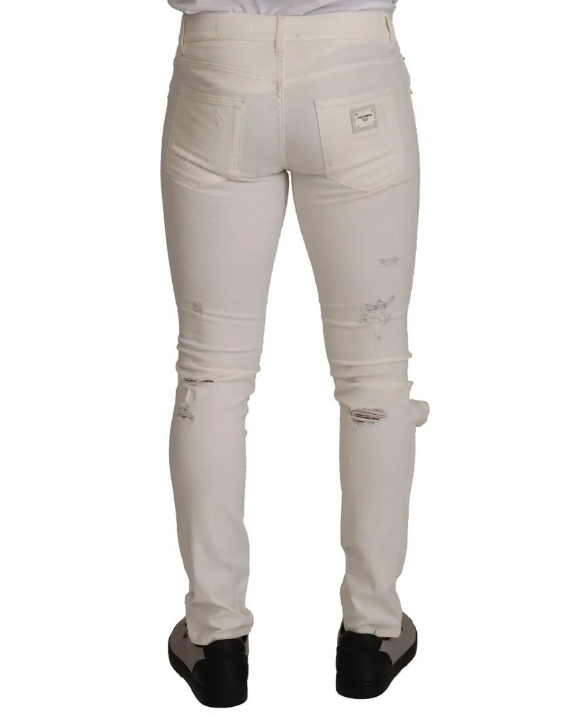 Dolce & Gabbana White Tattered Skinny Cotton Men Denim Jeans Elastane Clothing White