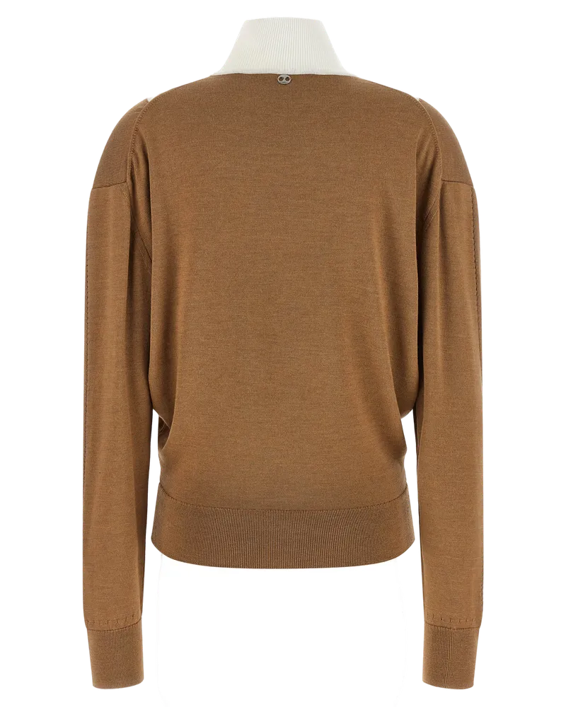 Paco Rabanne Virgin Wool and Silk Colorblock Cardigan — Beige Beige