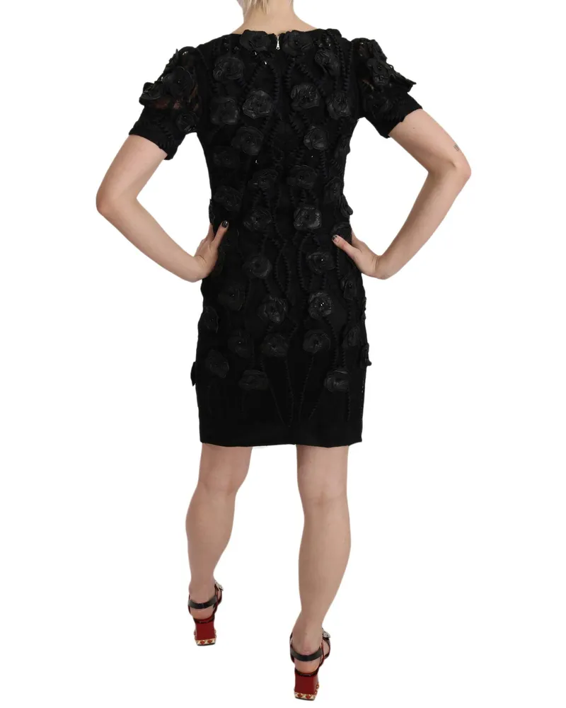 John Richmond Women's Black Silk Leather Flowers Sheath Dress Black