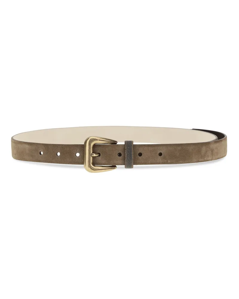 Brunello Cucinelli Suede with Monili Detail Belt — Beige 