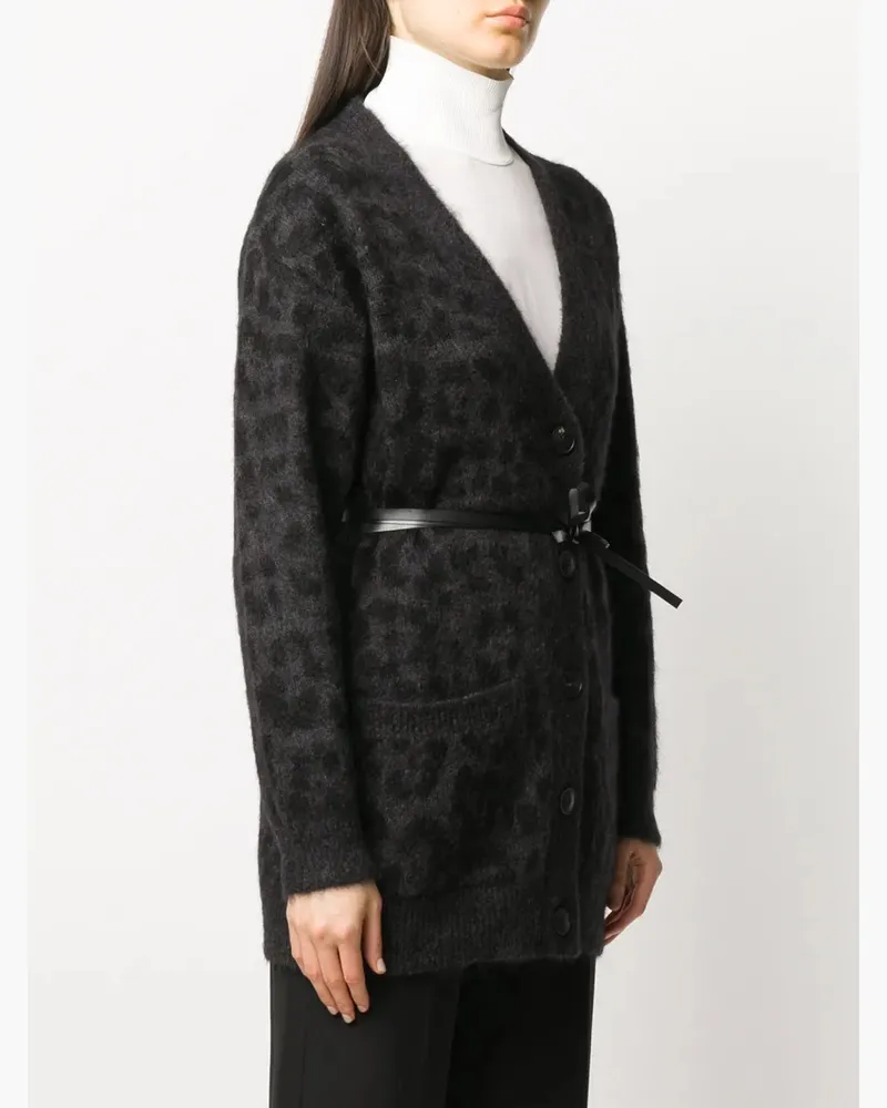 Valentino Garavani Women's Garavani Leopard Pattern Belted V-Neck Cardigan Grey Clothing Gray