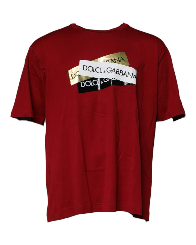 Dolce & Gabbana Men's Red Logo Tape Cotton Crew Neck T-Shirt White Red