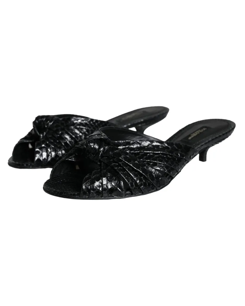 Dolce & Gabbana Women's Black Leather Heels Slides Sandals Shoes Python Black