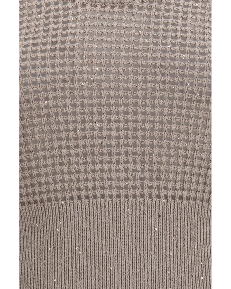 Brunello Cucinelli Women's Tank Top With Perforated Sequins Desert Cotton Beige