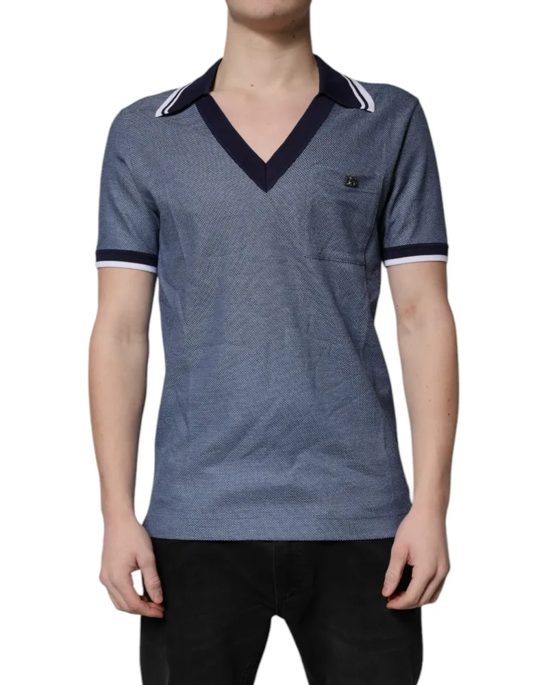Dolce & Gabbana Men's Silk-Blend Collared V-Neck Polo Blue Cotton Blue