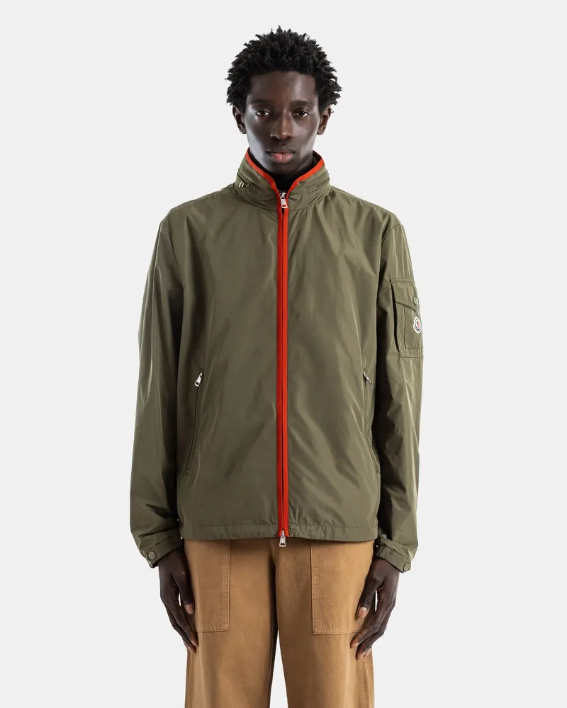 Moncler Men's Sayan Olive Green Nylon Windbreaker With Orange Zip Khaki Jacket Green