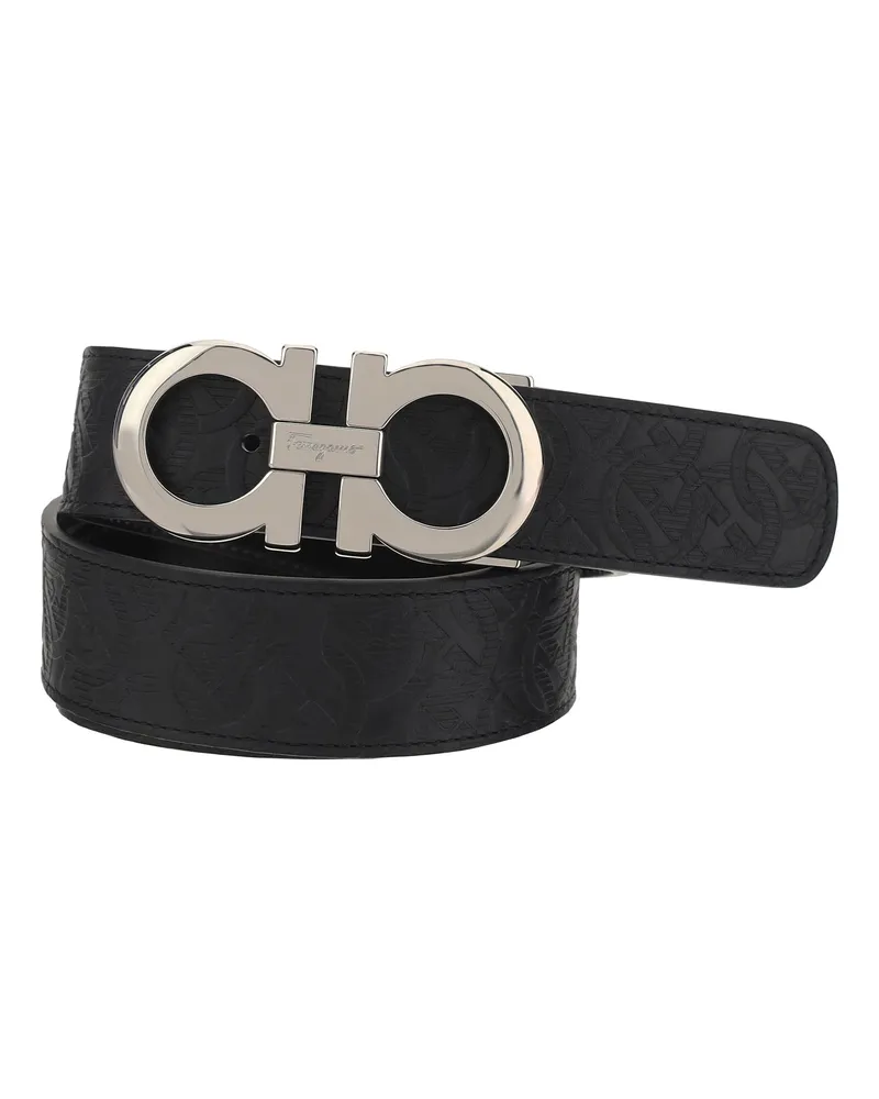 Ferragamo Men's Belt Double Adju Patterned Black Calf Leather Black