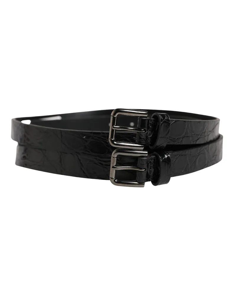 Dolce & Gabbana Men's Black Double Strap Leather Silver Buckle Belt Caiman Black