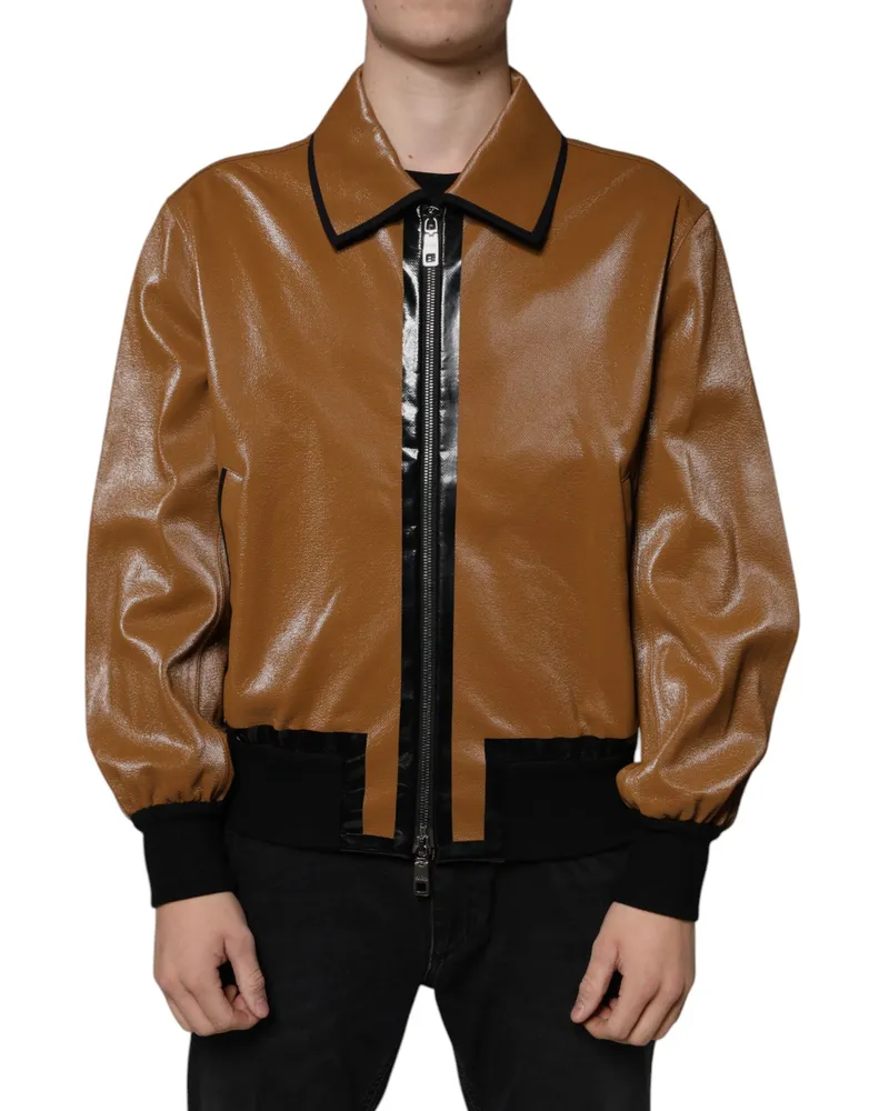 Dolce & Gabbana Brown Leather Full Zip Men Bomber Jacket Clothing Brown