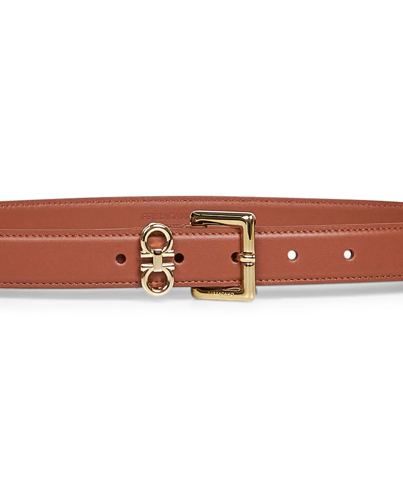 Ferragamo Women's Leather Belt Double Gancini Cognac Brown Calf Brown