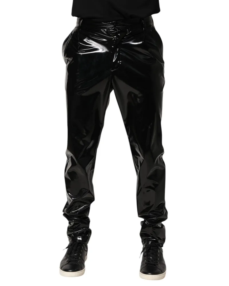 Dolce & Gabbana Men's Glossy Polyester Trousers Black Spandex Elastane Black