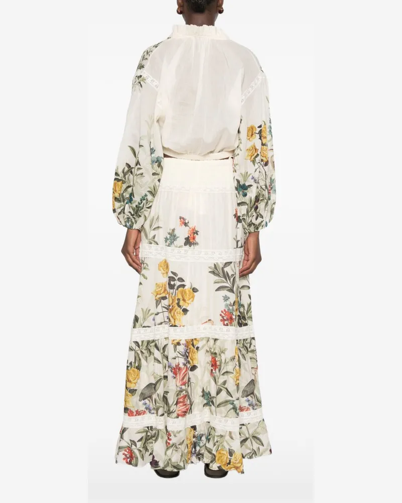 Alice + Olivia Floral-Print Lace-Trim Blouse — Off-white Off-white