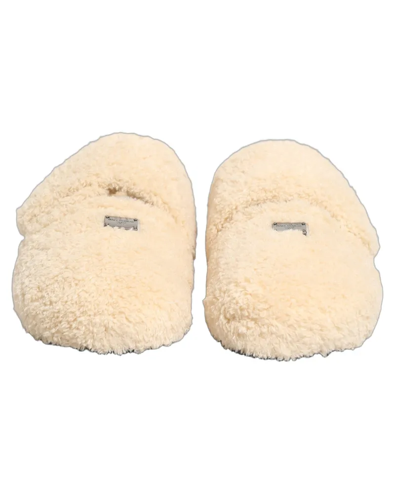 Dolce & Gabbana Beige Faux Fur Flats Men Slides Sandals Shoes Beige