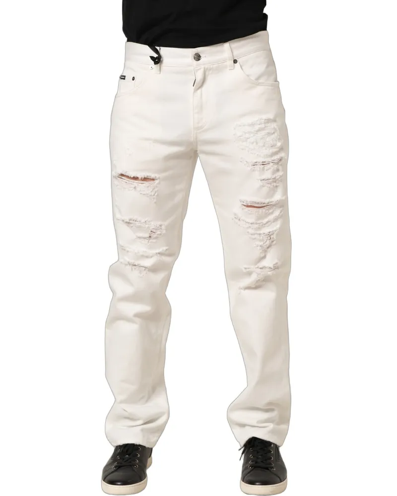 Dolce & Gabbana Men's White Cotton Distressed Straight Denim Jeans Clothing White