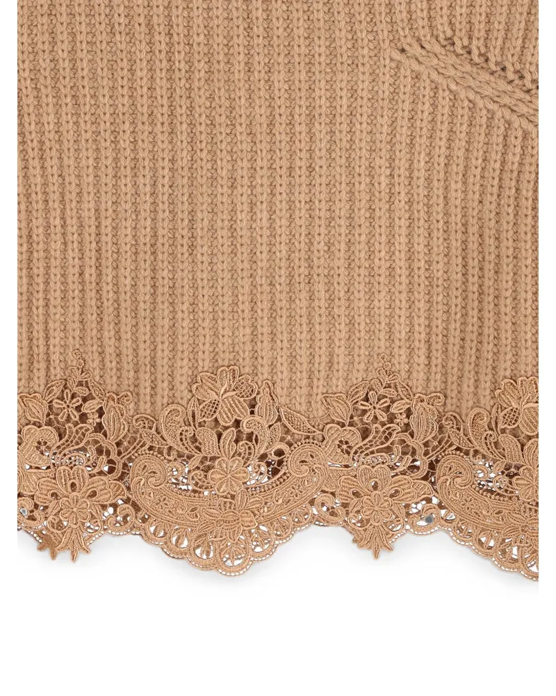 Chloé Lace-Trim Ribbed Knit Sweater — Beige Beige