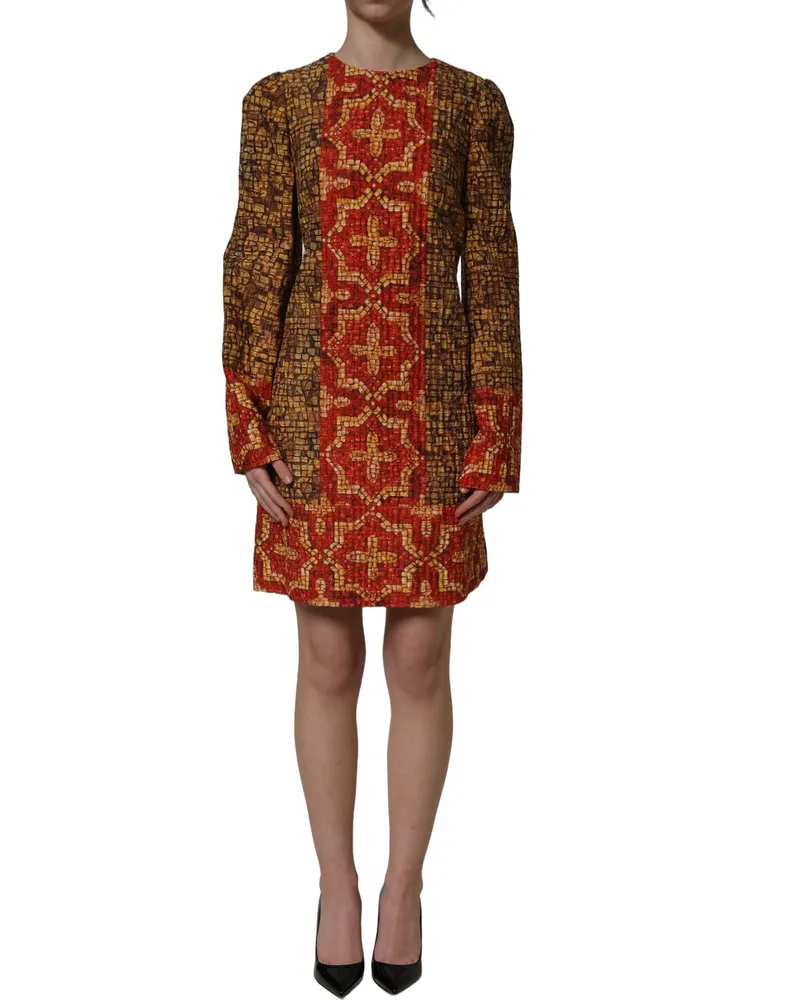 Dolce & Gabbana Women Multicolor Mosaic Long Sleeves Mini Dress Wool Nylon Red
