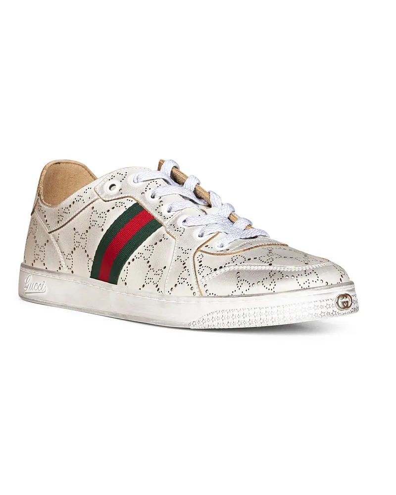 Gucci Men's Low-Top Laser-Cut Leather Sneakers Beige Calfskin Trainers Beige