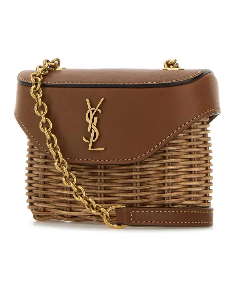 Saint Laurent Women's Two-Tone Wicker And Leather Mini Box June Crossbod Naturale-Brick Borse A Tracolla Naturale/brick Brown