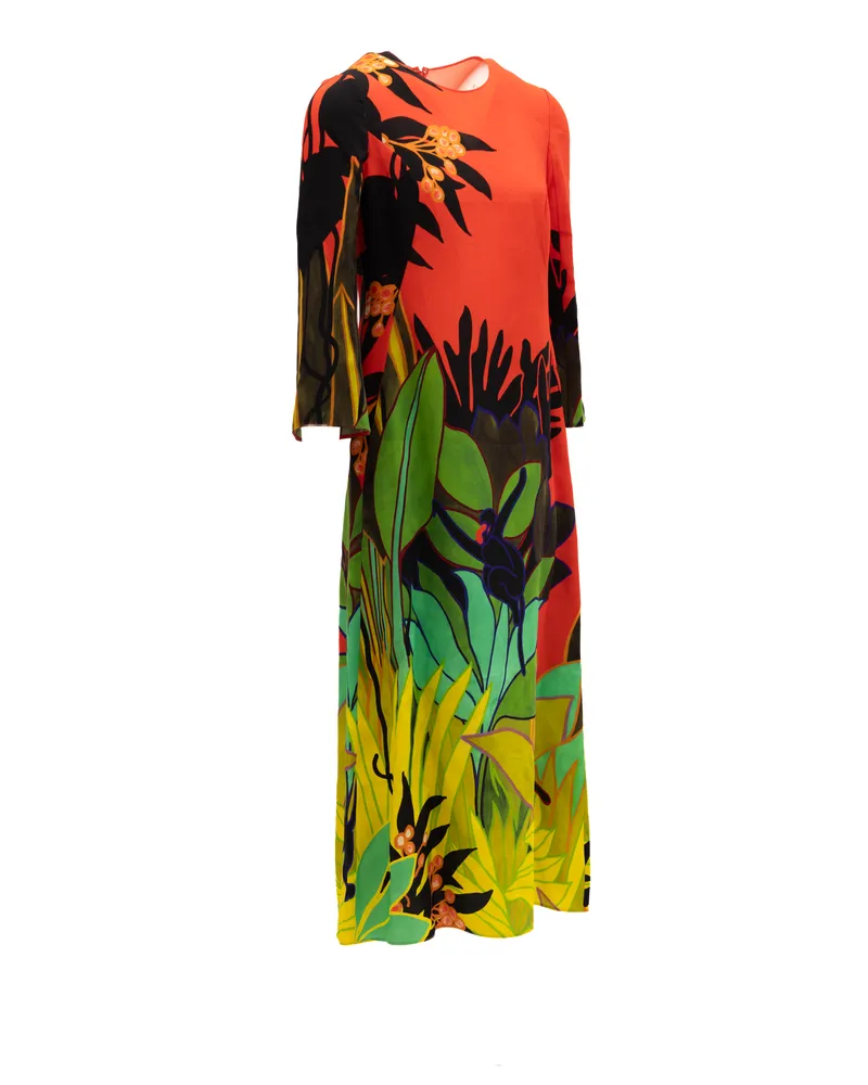 Valentino Garavani Women's Tropical Print Long Sleeve Midi Dress Orange Red