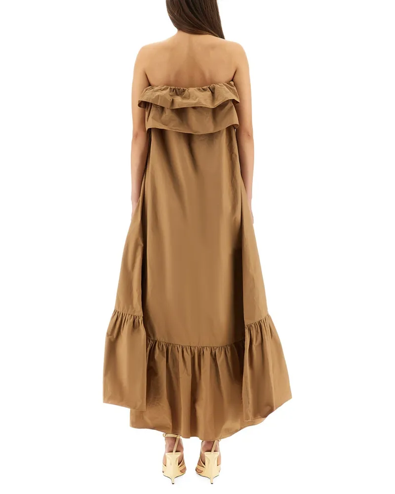 Saint Laurent Cotton Twill Ruffle Dress — Brown Brown