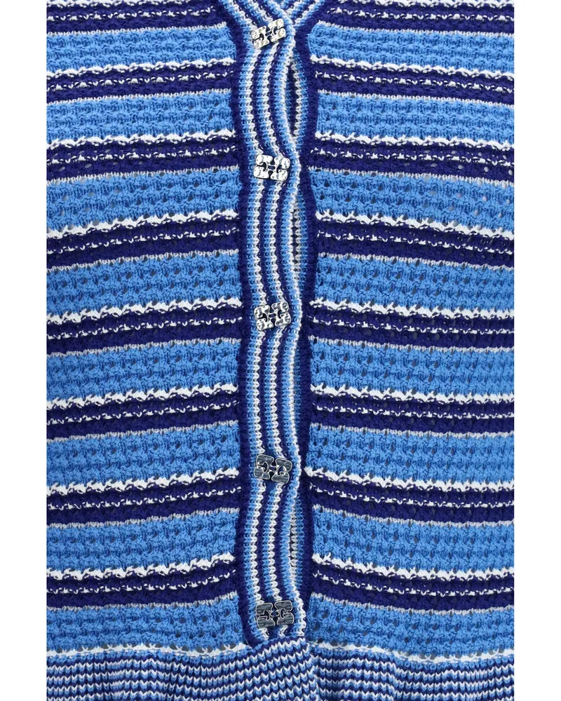 Ganni Women's Cardigan Striped Cotton Marina Sweater Blue