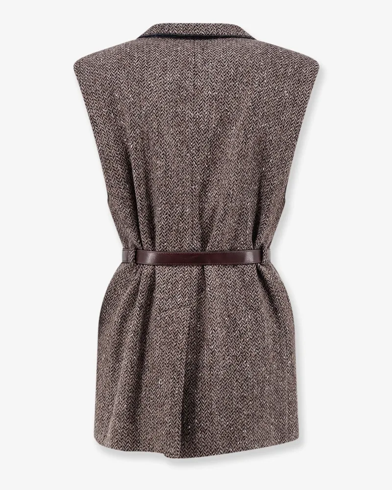 Brunello Cucinelli Women's Sleeveless Blazer With Belt Brown Virgin Wool Blazers Jacket Brown