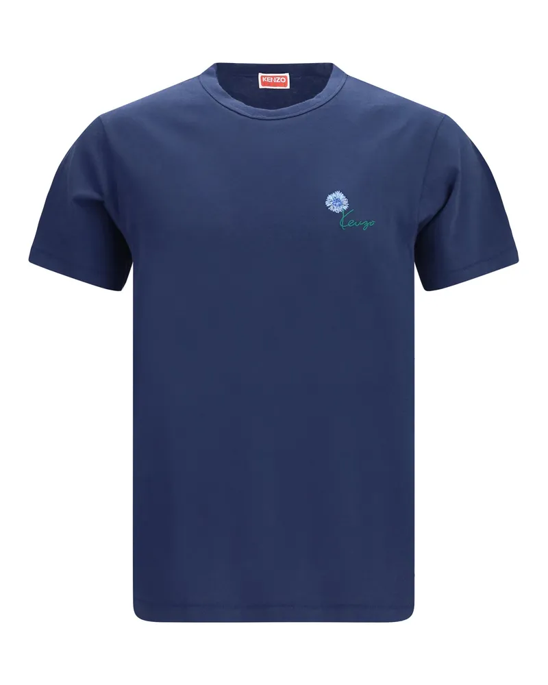 Kenzo Men Tulip Embroidered Cotton T-Shirt Blue Black T-Shirts And Polos Navy
