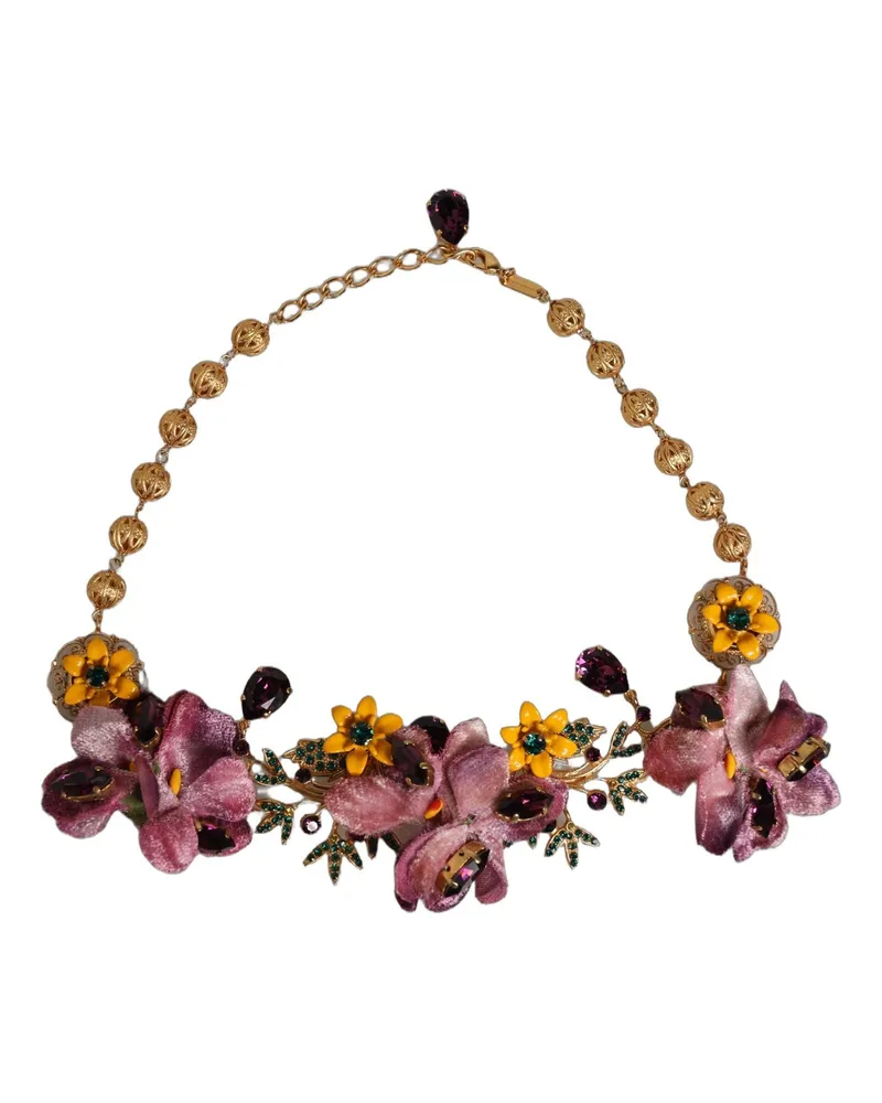 Dolce & Gabbana Women's Gold Brass Mix Fiori Flowers Crystal Chain Necklace Cotton Real Gold