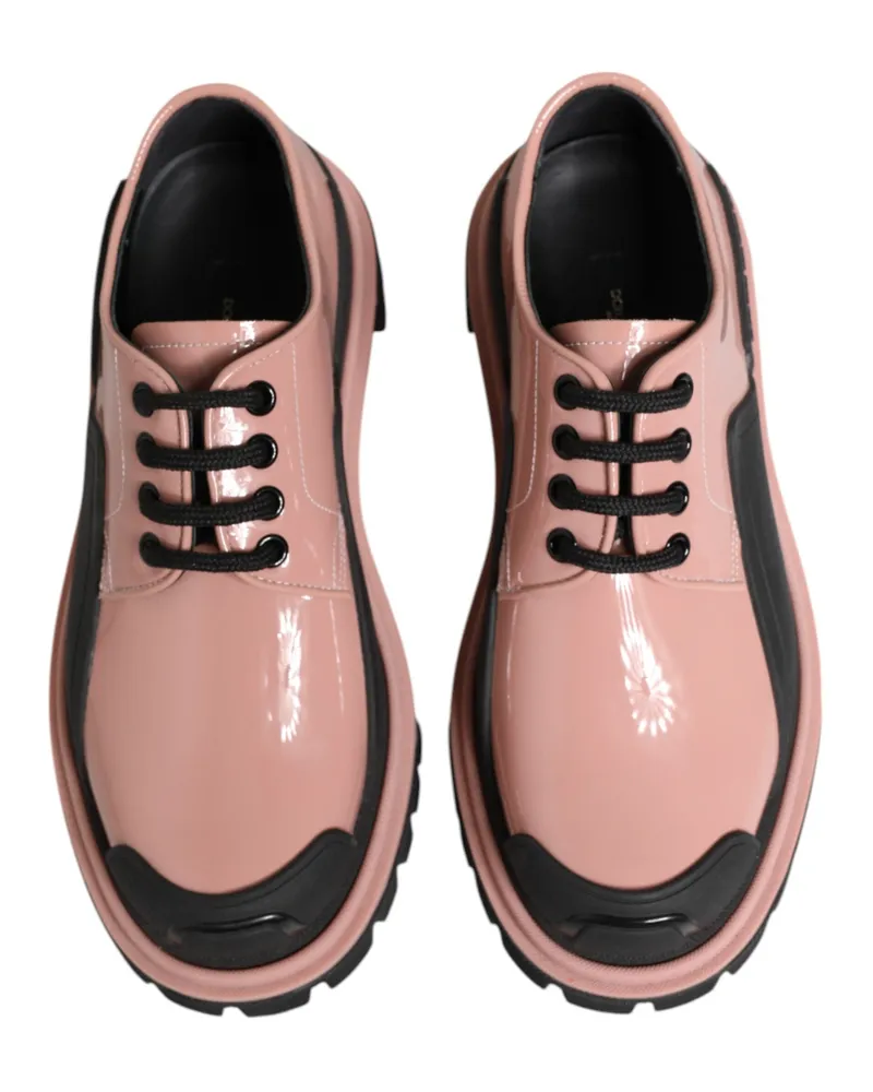 Dolce & Gabbana Women's Light Powder Pink Black Leather Lace-Up Shoes Calf Patent Pink