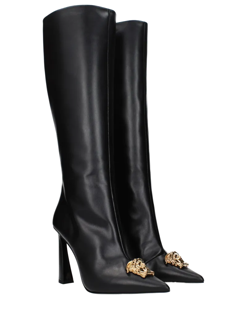 Versace Women's Black Leather High Heel Boots Black
