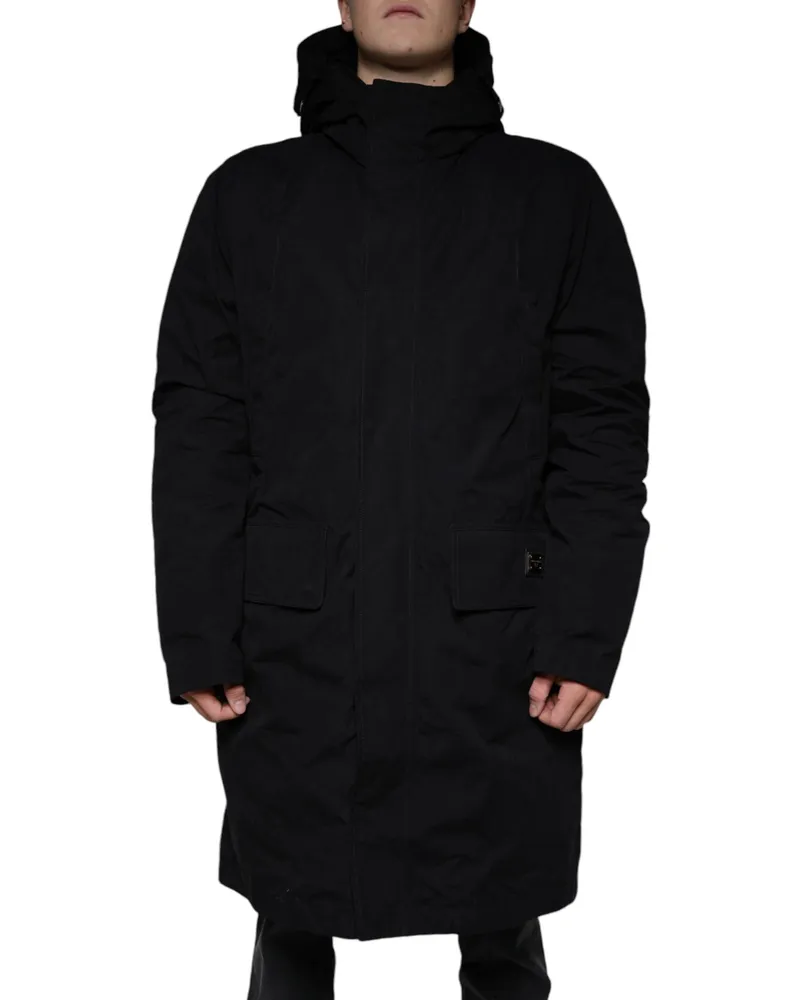 Dolce & Gabbana Men's Black Hooded Parka Cotton Trench Coat Jacket Polyester Silk Clothing Black