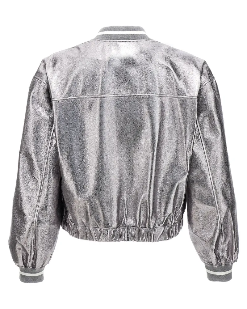 Brunello Cucinelli Laminated Leather Bomber Jacket — Silver Silver
